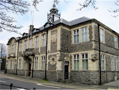 Mountain Ash Town Hall with front entrance and clock