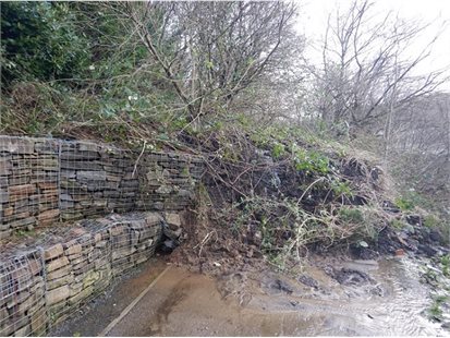 Caged stone wall with pile of fallen mud, grass and trees