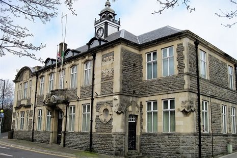 Mountain Ash Town Hall with front entrance and clock