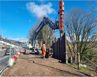 Ongoing works to the embankment at Ynysybwl Road in Glyn-coch