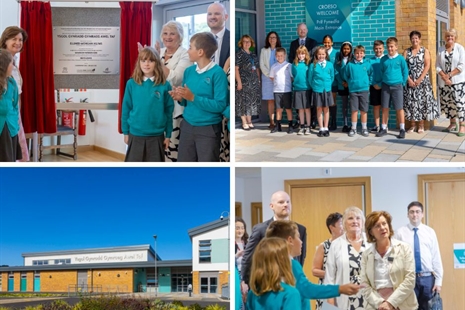 Disgyblion yn dathlu agoriad ffurfiol Ysgol Gynradd Gymraeg Awel Taf