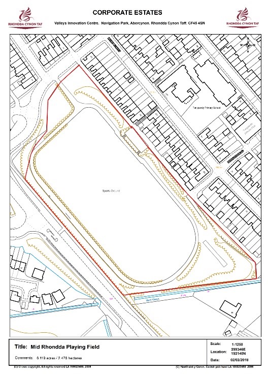 Mid Rhondda Playing Fields Red Line Aerial Map